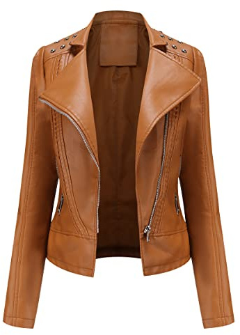 Giubbotto Ecopelle Donna Giacca Similpelle Donna Borchie Giubbino Giacche Ecopelle Donna Giacca Biker Jacket Faux Leather Jacket Donna Giacca Bikers Finta Pelle Sintetica Donna Primavera Cammello L