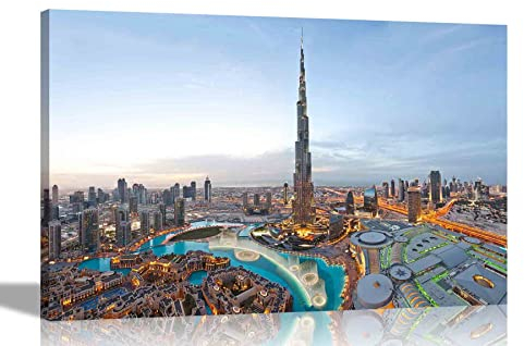 Kultige Dubai-Landschaft mit Burj Khalifa, gerahmte Leinwandbilder, Stadtdrucke für Zuhause, Wohnzimmer, Büro, hängende Wandkunst, 86 x 61 cm, A1