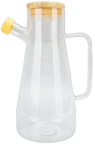 Glas Ölflasche, 900ml Ölflasche Olivenöl Speiseölkanne mit Holz Deckel Hohe Borosilikatglas Ölsprüher Essig Gewürze Soßenspender Behälter Klares Skala Design Spenderflasche Ölspender Olivenölsprüher