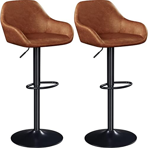 Yaheetech Tabourets de Bar Lot de 2 Pivotant Réglable en Hauteur Rotatif sur 360° Chaises de Bar avec Revêtement en Similicuir Tabourets Hauts avec Repose-Pieds Brun Rustique
