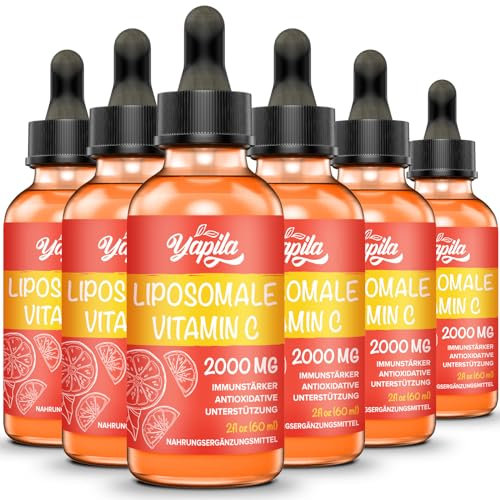 Vitamine C Liposomale 2000 mg Liquide Supplément(6 Bouteilles), Absorption Maximale, Vitamin C Végétalienne Hautement Efficace, Acide Ascorbique, Non-GMO, Sans Gluten, Sans Soja