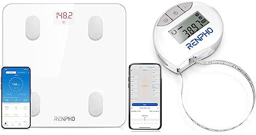 RENPHO Balance Pèse Personne de Haute Précision 400lbs, Balance Connecté Bluetooth Pese Personnes Impédancemètre avec App, Piles incluses & Mètre Ruban Rétractable et Connecté