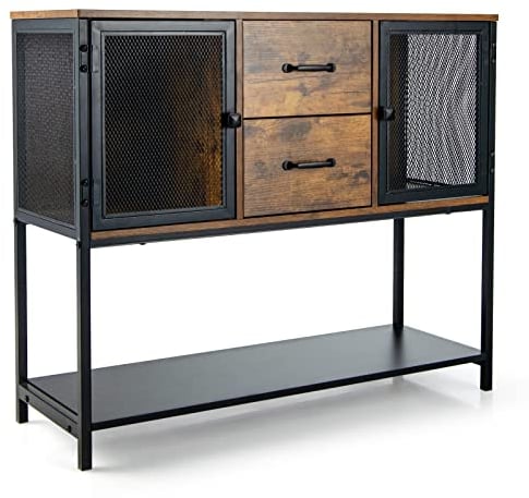 KOMFOTTEU Aparador Industrial para Cocina, Mueble de Almacenaje con Cajones y Armarios con Puertas de Malla Metálica y Estantes, Armario Auxiliar para Salón, Cocina, Comedor, 100 x 35 x 85 cm