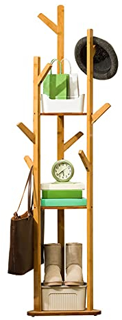 GramStudio Bambus Kleiderständer, Freistehender Garderobenständer Garderobe in Baumform mit 8 Haken 3 Ablagen für Schlafzimmer, Flure, Büros Umkleidekabinen