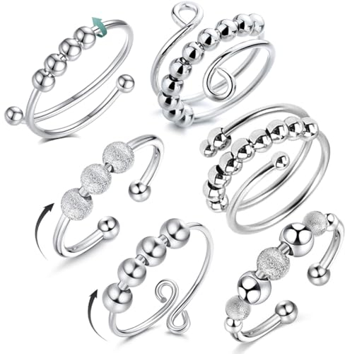 Stressabbau-Ringe, Anxiety Ring, 6 Pcs Verstellbarer Spaltring mit Perlen, Anti-Stress-Ring, Silber Offen Verstellbar Spinner Ringe, Verstellbare Stapelbare Für Stress Abbauen