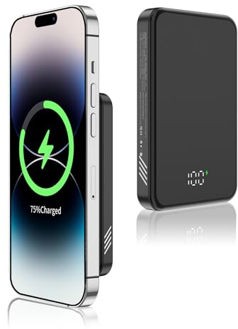 Gladgogo Magnetic Wireless Power Bank, 10000mAh Mag-safe Battery Pack with LED Display, iPhone Charger Pack Compatible for iPhone 15/14/12- Black