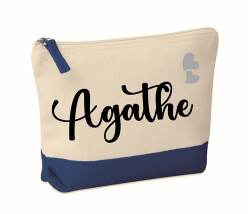 Pochette de Maquillage, Trousse de Toilette avec prénom personnalisée 5 Coloris 20x15x5cm, Cadeau, noël, Femme (Nature/Bleu)