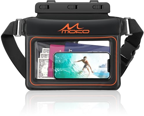 MoKo wasserdichte Handytasche, Schwimmender Wasserfeste Gürtelrucksack Wasserfeste Gürteltasche Bauchtasche für iPhone 15 14 13 12 11 Pro Max X/Xr/Xs Max, Galaxy S23 Ultra/Note 20 Ultra, Schwarz