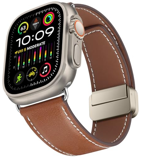 HITZEE Compatible con Cinturino Apple Watch 49/46/45/44/42mm, Cinturini di Ricambio in Vera Pelle con Chiusura Magnetico Compatible per Apple Watch Ultra 2 Serie 10 9 8 7 SE 6 5 4 3 2 1, Marrone