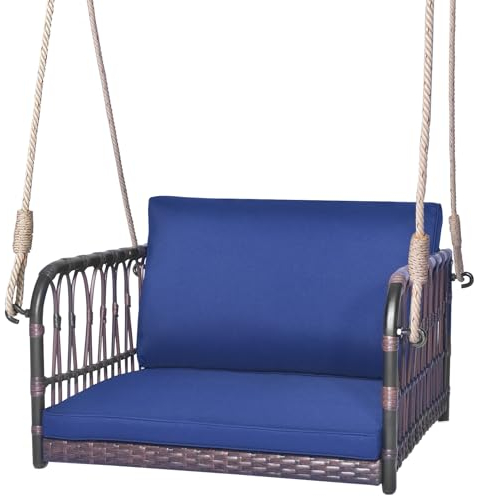LIFEZEAL Rattan Hängesessel, Schaukel Outdoor mit Kissen & Rückenlehne für Garten, Hängesitz mit Metallrahmen & 2 Seilen zum Aufhängen, Hängekorb Hängestuhl Outdoor & Indoor, Tragkraft 180 kg (Blau)