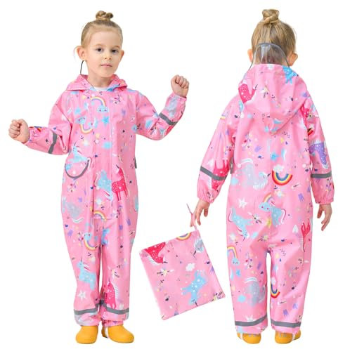 FILOWA Tuta Impermeabile Antipioggia Bambina Pioggia con Cappuccio Ragazza Leggero Portatile Jogging Tutto in Uno Poncho Giacche Impermeabili Bimbi Unisex 5-7 Anni, Rosa Unicorno