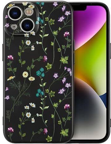 RALEAVO Flower Case for iPhone 14, Liquid Silicone Shockproof Protection Case Cover for Girls Women with Aesthetic Cute Floral Patterns Soft Slim Phone Case for iPhone 14 6.1-Black