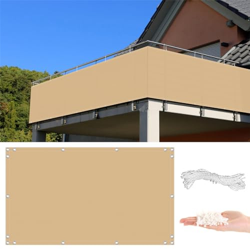 Sichtschutz Balkon 1.1 x 6m, Blickdichte Oxford Stoff Wind und UV-Schutz, – Leichte Montage & Stabiler - Sichtschutz für Balkon Garten Terrassen Hof, Sand