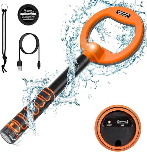 OMMO Unterwasser Metalldetektor, IP68 Vollständig Wasserdichter Pinpointer Metalldetektor, Wiederaufladbarer Eingebauter Akku, 3 Vibrations und Tonmodi, Lichtalarm, Handmetalldetektor zum Sporttauchen