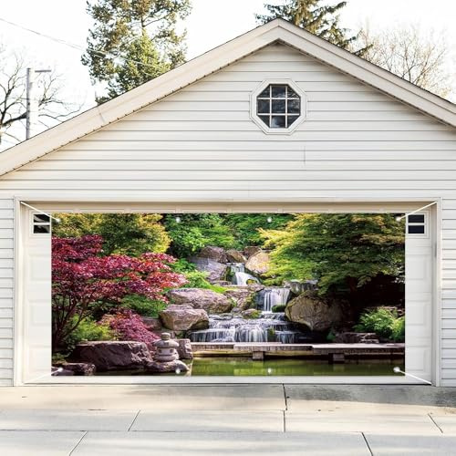 6x13ft Japan Garden Landscape Garage Door Decoration Banner Retro Park View Waterfall Maple Trees Bridge Kyoto Garden Garage Door Mural Backdrop Decoration for Outdoor Indoor Wall Door