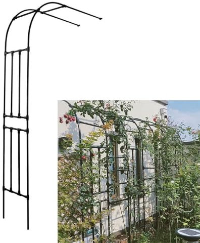 Arco de jardín de metal para pérgola enrejado para plantas trepadoras, medio redondo, montado en la pared, árbol de metal, arco, arco, soporte para plantas al aire libre (negro, 180 x 240 x 40 cm)