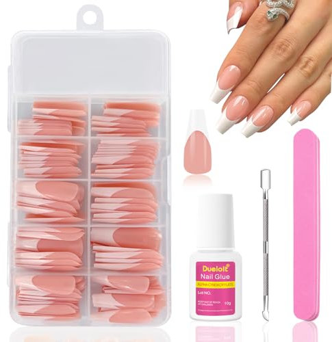 120 Pièces French Faux Ongles Long, Ballerine Acrylique Capsule Ongles Couverture Complète Press on Nails, Naturel Artificiel Faux Ongles à Coller avec Colle pour Femmes Filles DIY Manucure Salon