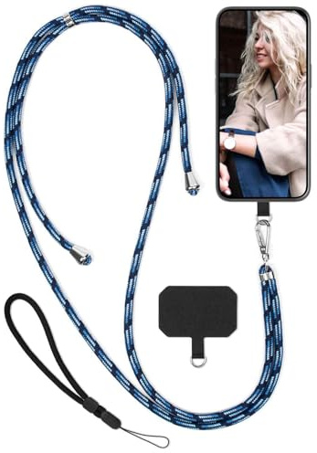 moex Unleash für iPhone 16 Pro Handyband zum Umhängen ohne Hülle, Handykette Universal mit Karabiner, Handy Band abnehmbar, Kette mit Pad für Handyhülle, Navy, Silber