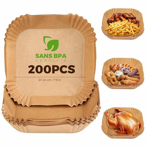 Carta da Forno per Friggitrice ad Aria, 200 Pezzi, 20 x 20 cm, Carta da Forno, Senza BPA, Monouso, Antiaderente, Senza Olio, per Friggitrici Senza Olio da 5 a 8 litri