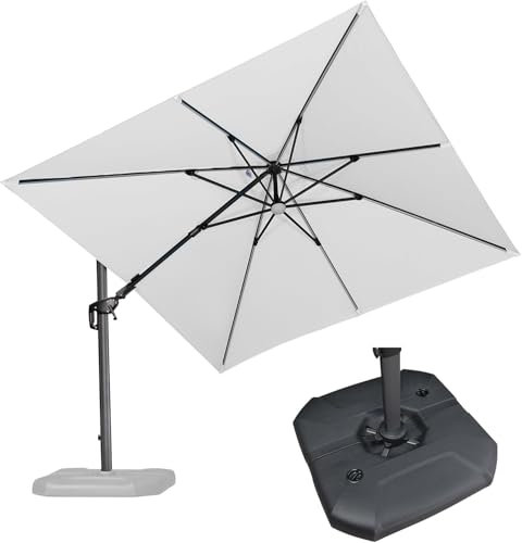 PURPLE LEAF Parasol Déporté Pivotant et Lumineux 3 x 3 m Carré avec Pieds de Parasol, Parasol de Jardin Extérieur avec Tournez 60° des Deux Côtés et Rotation à 360°, Toile UPF 50+, Blanc