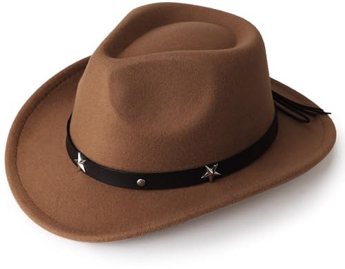 DRESHOW Cowboyhut Kinder Jungen Mädchen Fedora Hut Western mit Schnalle Gürtel Retro Panama Hüte Unisex Aufgerollte Mützen 4-12 Jahre