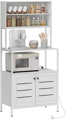 HOMCOM Étagere Cuisine avec multiprise, Meuble Micro-Onde, étagère Rangement Cuisine Style Moderne avec Placard Double Porte à persiennes et Compartiments Ouverts, 80 x 42 x 171 cm, Blanc