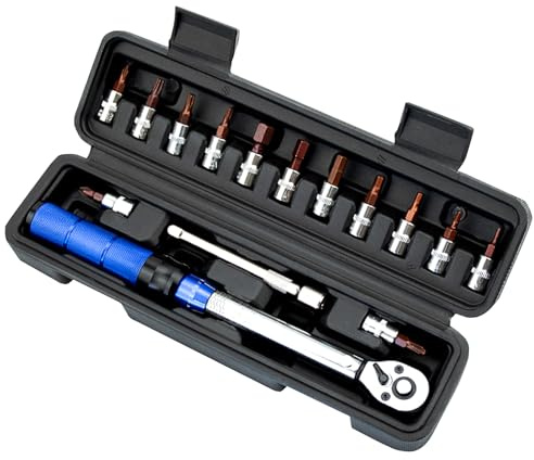 HOUSLUX Drehmomentschlüssel Fahrrad Drehmomentschlüssel Auto klein Set 16-TLG 1/4 Zoll - 2 bis 24 Nm - Set mit Steckschlüsselsatz (Blau)