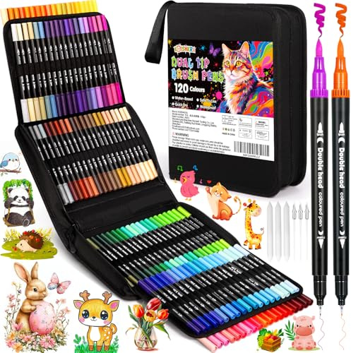 KDISHKRA 120 Farben Acrylstifte Set, Dual Brush Pen Set (Fein & Pinselspitze), Pinselstifte Marker Aquarell Stifte Filzstifte für Kinder und Erwachsene, Steine, Glas, Holz, Zeichnen, Keramik