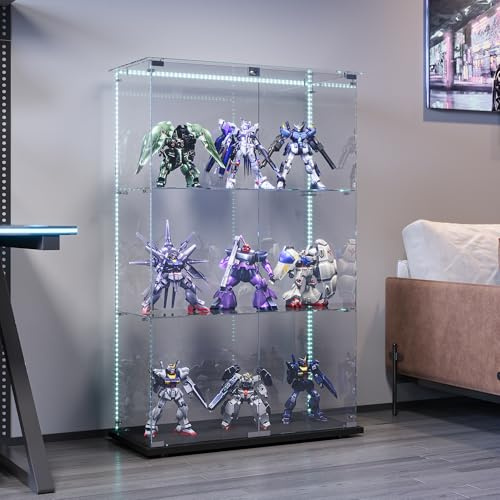 BPKADHY Glasvitrine Standvitrine mit LED Beleuchtung, Glasvitrine Stehend mit 3 Glasböden & 2 Glastüren abschließbar, Vitrinenschrank für Wohnzimmer Büro Sammlerstücke Bücher Wein Schwarz