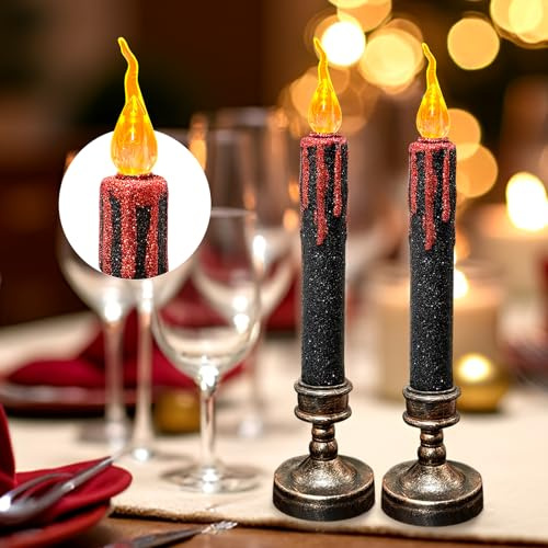 TINYOUTH 2PCS 25CM Große LED Kerzen für Halloween Weihnachten, Schwarze Glitzer Tischkerzen Licht Batterien Enthalten für Hochzeitsfeier Jubiläum Verlobung Dekoration