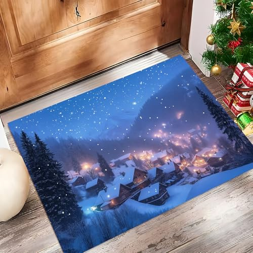 GDJSMIN Fußmatte Holzhaus-Kiefernbaum-Muster, Türmatte rutschfest Waschbar, Weihnachts Fussmatte Innen und Außen, Blau Farbgebung Weihnachts Fußmatte Winter, 40 x 60 cm