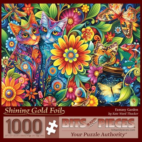 Bits and Pieces Jigsaw Puzzles for Adults 1000 Pieces - Fantasy Garden Foil | 20 x 27 Jigsaw Puzzle 1000 Pieces - Foil Enhanced Flowers Cat Puzzle - Recycled Cardboard - Bright Colors - No False Fits