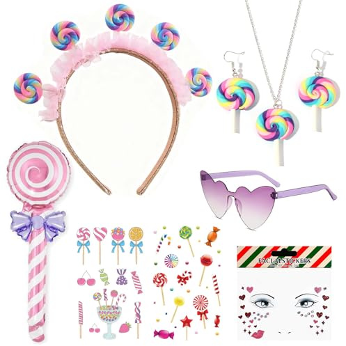 YDUNARISE 8er Lollipop Kostüm Accessories,mit Lollipop Haarreif,Glitzer-Gesichtstattoo,Ohrringe,Halskette,Candy Tattoos,Aufblasbarer Lutscher, für Fasching Mottoparty