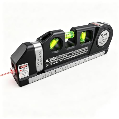 Laser Spirit Level, Multipurpose Laser Measure Tool, Spirit Level Standard Metric Ruler Measuring Tape for Photos Frame Picture Hanging 8ft/2.5M (Silver Base)