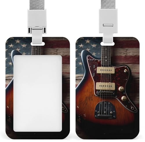 Guitar Wooden U.S. Flag Funny ID Badge Holder with Lanyard Name Card Holders for Work Nurse Teacher