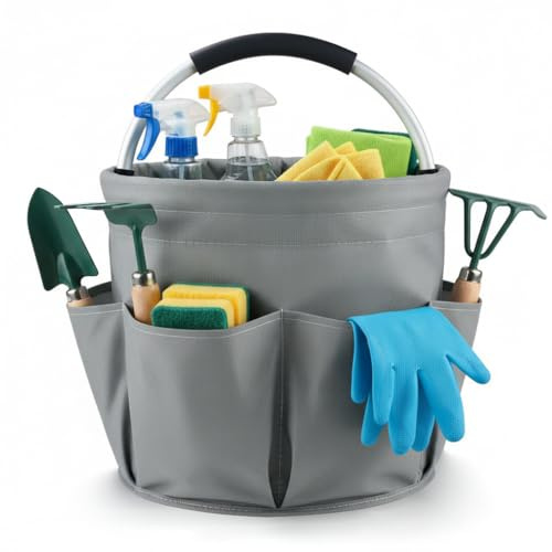 Aieino Foldable Cleaning Caddy with Handle Heavy Duty Bucket Wear-resistant | 6 Side Pockets, Tool Bag, Cleaning Products Organiser, Housekeepers Basket, for Bathroom, Home Cleaning, Camping, Beach