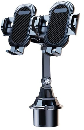 Dual-Head Car Cup Holder Phone Mount, 2-in-1 Adjustable Device Stand with 360° Rotating Arms, Telescopic Base for Two Smartphones, Universal Fit Most Vehicle Holders, Securely Holds Devices