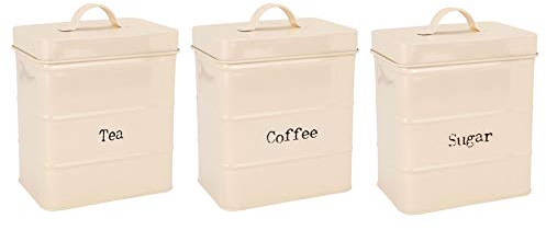 Harbour Housewares Round Metal Tea Coffee Sugar Canisters - Cream - 3pc Set - Vintage Kitchen Storage Loose Tea Coffee Beans Granulated Sugar Airtight Container Food Preserve Caddy with Lid
