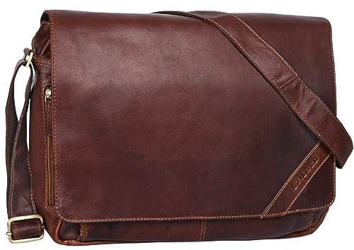 STILORD 'Nick' Umhängetasche Leder Herren Damen Unitasche 15.6 Zoll Laptoptasche Aktentasche Bürotasche Vintage Büffel-Leder, Farbe:cognac - dunkelbraun