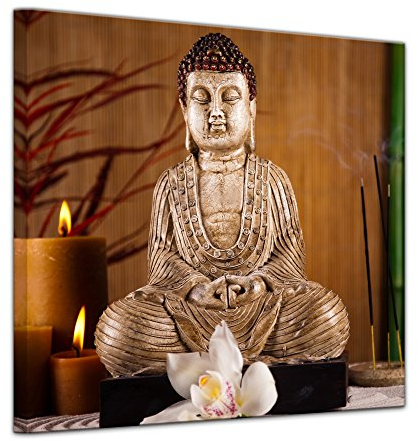Keilrahmenbild Buddha V - 80x80 cm quadratisch Keilrahmenbilder Bilder als Leinwanddruck Fotoleinwand Geist & Seele - Buddha mit Kerze und Räucherstäbchen