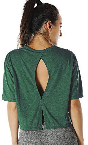 icyzone Sport T-Shirt Damen Fitness Kurzarm Shirt Rückenfrei Yoga Crop Top Oberteile Loose Fit (M, Army)