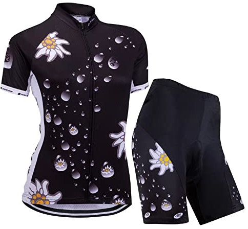 ZEROBIKE Women's Short Sleeve Breathable Cycling Jersey Set, Quick-Dry Biking Shirt with 3D Cushion Shorts Padded Pants (Black Flower, M)