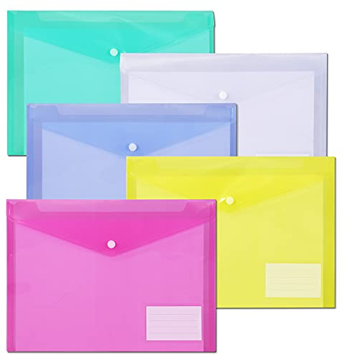 10 Pack Plastic Envelopes for Documents, Clear Folders with Label Pockets, 5 Colors 2 Each, Clear Poly File Folders Letter Size/A4, Hook and Loop Closure,Document Envelopes for School Office Home