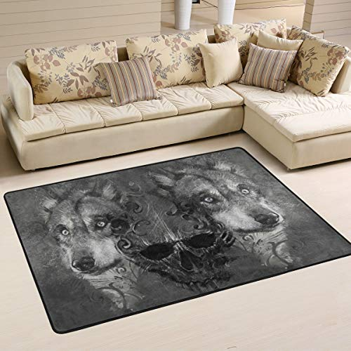 Mnsruu Area Rug 91 x 61 cm, Schädel Wolf Bedruckter Teppich Wohnzimmer Dekor Bodenmatte Teppich für Schlafzimmer