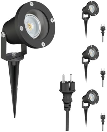 ledscom.de 4 Stück LED Gartenstrahler DUK schwarz mit Erdspieß für außen, Aluminium, inkl. LED GU10 Lampe (weiß, 5,3W, 504lm, 44°)