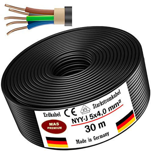 MAS-Premium® Erdkabel Deutscher Marken-Elektrokabel Ring zur Verlegung im Erd- und Außenbereich Standard Starkstromkabel Made in Germany (NYY-J 5x4 mm², 30m)