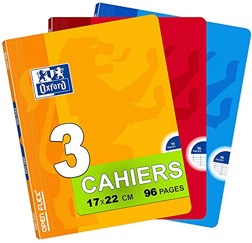 Oxford 3 Cahiers OpenFlex Agrafés 17 x 22cm Grands Carreaux Seyès 96 Pages 90g Coloris Assortis