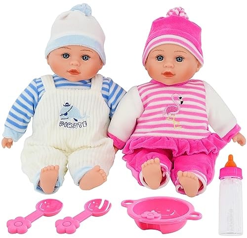 Bibi Doll Twin Baby Dolls with Feeding Set & Magic Bottle, 13 Inch Huggable Newborn Dolls with Soundbox Featuring 16 Sounds, Pink & Blue Outfits, Role Play Toy for Boys and Girls, 18 Months+