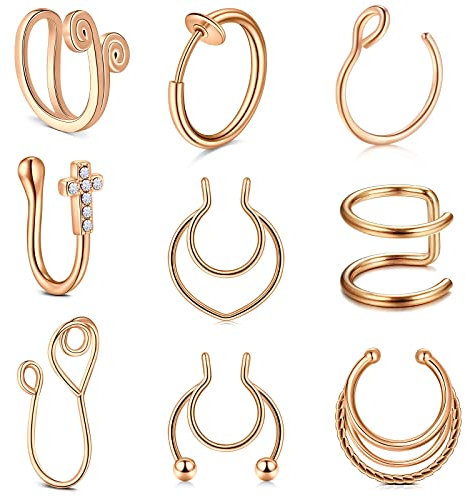 AVYRING Faux Piercing Nez Acier Chirurgical Fake Septum Non-Pierced Faux Nose Cuff Piercing Nez Anneaux Septum Bijoux pour Femme 9Pièces Or Rose