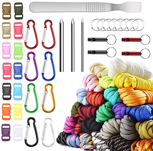 26 Stück Farbe Paracord Armband, 3m Paracord 550 Multifarben Parachute Cord Armband Bänder Kit mit Schnallen Paracordbänder Steckverschluss für DIY Armbänder Hundeleine Lanyard Schlüsselbund